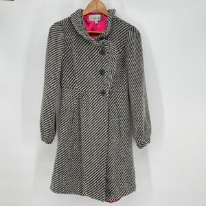 Beth Bowley Black White Herringbone Coat Funnel Neck Pink Lining Size 4 Coquette